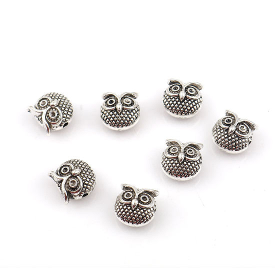 Picture of Zinc Based Alloy Spacer Beads Owl Animal Antique Silver Color (Can Hold ss4 Pointed Back Rhinestone) 11mm x 11mm, Hole: Approx 1.8mm, 20 PCs