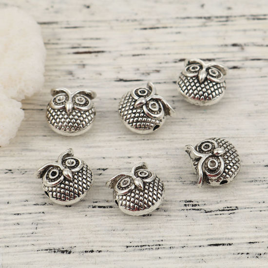 Picture of Zinc Based Alloy Spacer Beads Owl Animal Antique Silver Color (Can Hold ss4 Pointed Back Rhinestone) 11mm x 11mm, Hole: Approx 1.8mm, 20 PCs