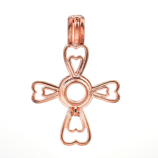 Image de Pendentifs Médaillon Porte Perle de Vœux en Cuivre Croix Cœur Or Rose Pouvoir Ouvrir (Apparié à Perle: 6mm) 36mm x 25mm, 2 Pcs