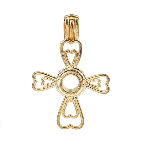 Picture of Copper Wish Pearl Locket Jewelry Pendants Cross Heart Rose Gold Can Open (Fit Bead Size: 6mm) 36mm(1 3/8