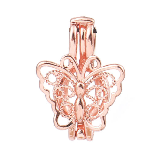 Image de Pendentifs Médaillon Porte Perle de Vœux en Cuivre Papillon Or Rose Pouvoir Ouvrir (Apparié à Perle: 6mm) 21mm x 15mm, 2 Pcs