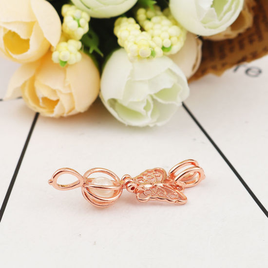 Image de Pendentifs Médaillon Porte Perle de Vœux en Cuivre Papillon Or Rose Pouvoir Ouvrir (Apparié à Perle: 6mm) 21mm x 15mm, 2 Pcs