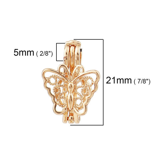 Image de Pendentifs Médaillon Porte Perle de Vœux en Cuivre Papillon Doré Pouvoir Ouvrir (Apparié à Perle: 6mm) 21mm x 15mm, 2 Pcs