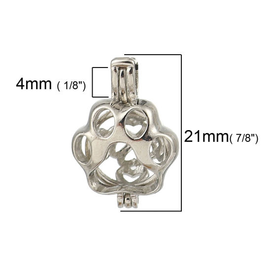 Picture of Brass Wish Pearl Locket Jewelry Pendants Dog's Paw Silver Tone Can Open (Fit Bead Size: 8mm) 21mm( 7/8") x 15mm( 5/8"), 2 PCs