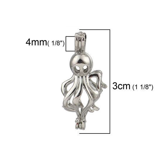 Bild von Kupfer Wunsch Perlenkäfig Schmuck Anhänger Kraken Silberfarbe Zum Öffnen (Für Perlengröße: 8mm) 30mm x 14mm, 2 Stück