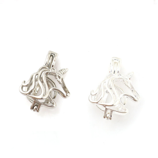 Bild von Kupfer Wunsch Perlenkäfig Schmuck Anhänger Pferd Silberfarbe Zum Öffnen (Für Perlengröße: 6mm) 20mm x 15mm, 2 Stück