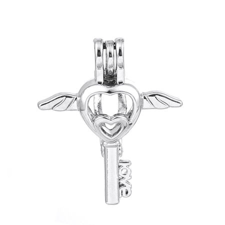 Picture of Zinc Based Alloy Wish Pearl Locket Jewelry Pendants Key Wing Silver Tone Can Open (Fit Bead Size: 8mm) 32mm(1 2/8") x 28mm(1 1/8"), 3 PCs