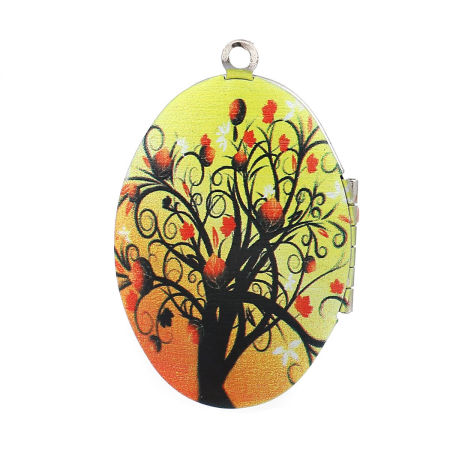 Image de Pendentif Porte-Photo en Alliage de Zinc Ovale Arbres Argent Mat Orange Pouvoir Ouvrir (Convenable à 29mmx18mm) 42mm x 27mm, 1 Pièce