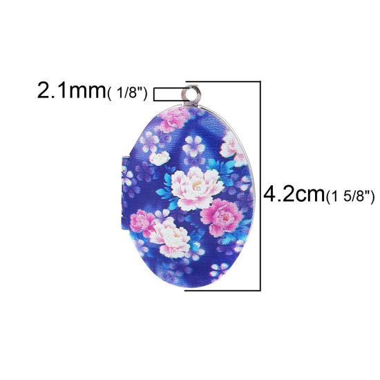 Picture of Zinc Based Alloy Picture Photo Locket Frame Pendents Oval Flower Silver Tone Purple Can Open (Fits 29mmx18mm) 42mm(1 5/8") x 27mm(1 1/8"), 1 Piece