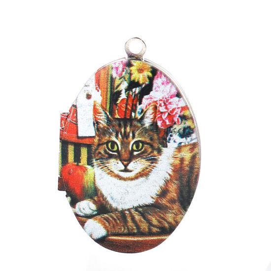 Picture of Zinc Based Alloy Picture Photo Locket Frame Pendents Oval Cat Silver Tone Multicolor Can Open (Fits 29mmx18mm) 42mm(1 5/8") x 27mm(1 1/8"), 1 Piece