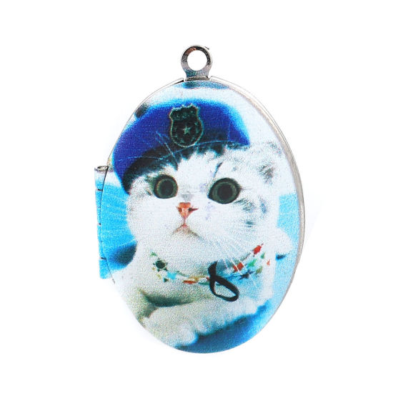 Picture of Zinc Based Alloy Picture Photo Locket Frame Pendents Oval Cat Silver Tone Blue Can Open (Fits 29mmx18mm) 42mm(1 5/8") x 27mm(1 1/8"), 1 Piece