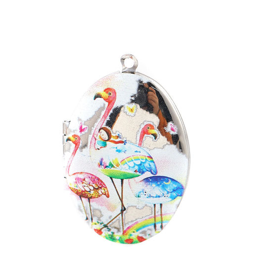 Изображение Цинковый Сплав Рамка медальон подвеска Овальные Фламинго Серебряный Тон Разноцветный Можно Открыть (Для 29ммx18мм) 42мм x 27мм, 1 ШТ