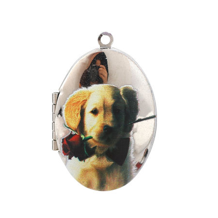 Image de Pendentif Porte-Photo en Alliage de Zinc Ovale Chien Argent Mat Blond Clair Pouvoir Ouvrir (Convenable à 29mmx18mm) 42mm x 27mm, 1 Pièce