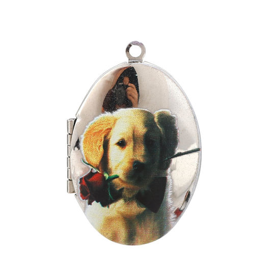Picture of Zinc Based Alloy Picture Photo Locket Frame Pendents Oval Dog Silver Tone Light Brown Can Open (Fits 29mmx18mm) 42mm(1 5/8") x 27mm(1 1/8"), 1 Piece