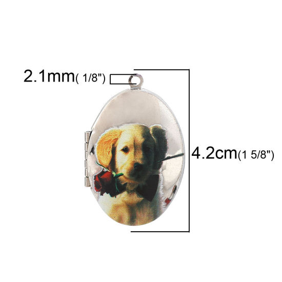 Picture of Zinc Based Alloy Picture Photo Locket Frame Pendents Oval Dog Silver Tone Light Brown Can Open (Fits 29mmx18mm) 42mm(1 5/8") x 27mm(1 1/8"), 1 Piece