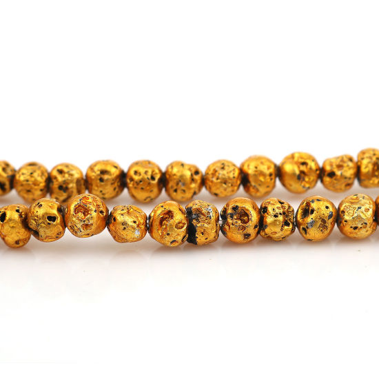 Picture of Lava Rock ( Electroplate ) Beads Round Yellow About 7mm( 2/8") Dia. - 6mm( 2/8") Dia., Hole: Approx 0.7mm, 38.5cm(15 1/8") long, 1 Strand (Approx 62 PCs/Strand)