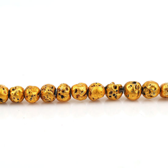 Picture of Lava Rock ( Electroplate ) Beads Round Yellow About 7mm( 2/8") Dia. - 6mm( 2/8") Dia., Hole: Approx 0.7mm, 38.5cm(15 1/8") long, 1 Strand (Approx 62 PCs/Strand)