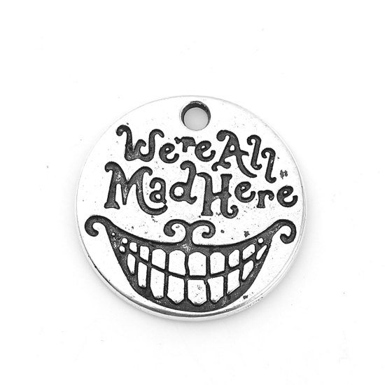 Image de Breloques en Alliage de Zinc Rond Gravé Caractère Argent Vieilli 20mm Dia, 30 Pcs