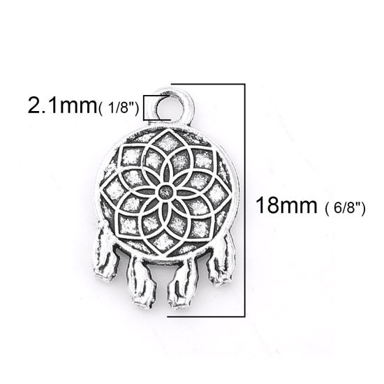 Image de Breloques en Alliage de Zinc Rond Fleurs Argent Vieilli 18mm x 12mm, 50 Pcs
