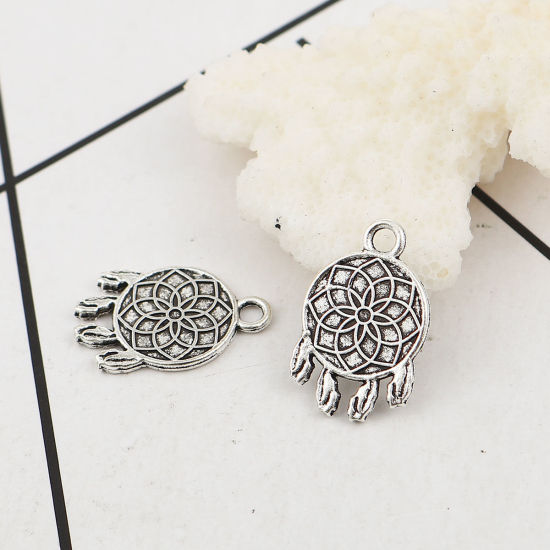 Image de Breloques en Alliage de Zinc Rond Fleurs Argent Vieilli 18mm x 12mm, 50 Pcs