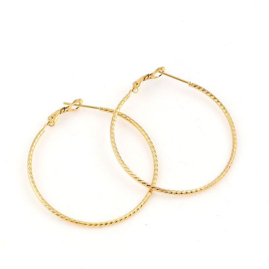 Imagen de 316 Acero Inoxidable Pendientes Círculos Chapado en Oro Ronda 30mm Dia., Post/ Wire Size: (20 gauge), 1 Par”