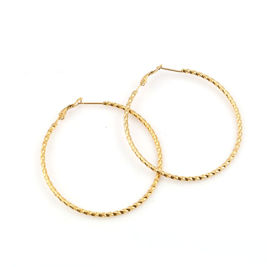 Imagen de 316 Acero Inoxidable Pendientes Círculos Chapado en Oro Ronda Espiras Retorcido 40mm Dia., Post/ Wire Size: (20 gauge), 1 Par”