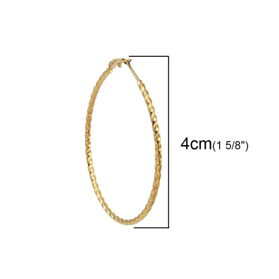 Imagen de 316 Acero Inoxidable Pendientes Círculos Chapado en Oro Ronda Espiras Retorcido 40mm Dia., Post/ Wire Size: (20 gauge), 1 Par”