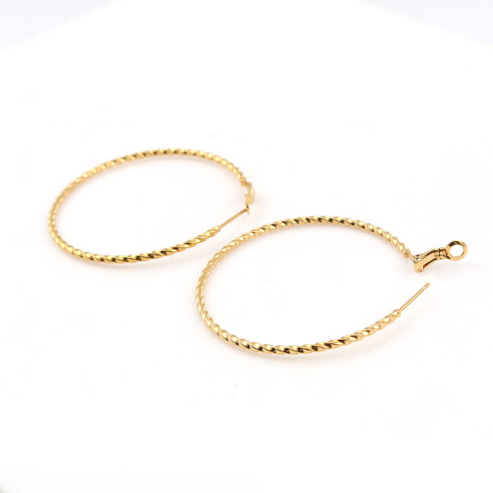 Imagen de 316 Acero Inoxidable Pendientes Círculos Chapado en Oro Ronda Espiras Retorcido 40mm Dia., Post/ Wire Size: (20 gauge), 1 Par”