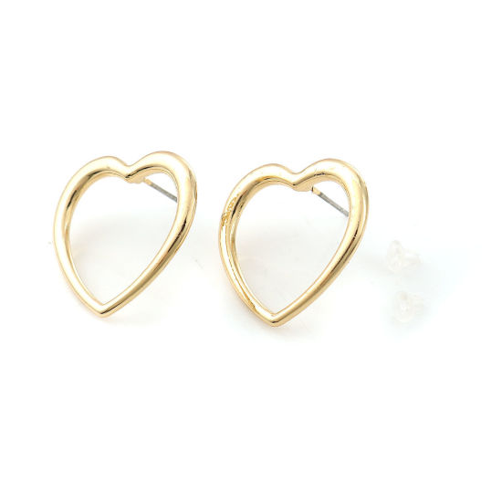 Picture of Zinc Based Alloy Ear Post Stud Earrings Findings Heart Gold Plated 23mm x 23mm, Post/ Wire Size: (21 gauge), 10 PCs