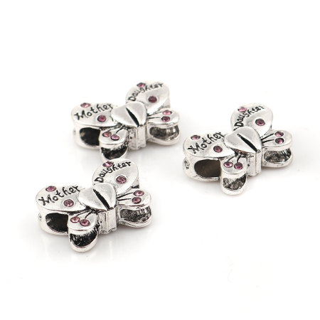 Zinc Based Alloy European Style Large Hole Charm Beads Butterfly Animal Antique Silver Color Message " Mother & Daughter " Mauve Rhinestone About 22mm x 15mm, Hole: Approx 4.8mm, 3 PCs