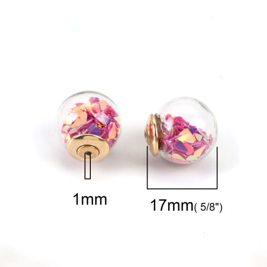 Picture of Glass Ear Nuts Post Stopper Earring Findings Ball Gold Plated Fuchsia AB Color Sequins 16mm, 10 PCs