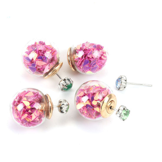 Picture of Glass Ear Nuts Post Stopper Earring Findings Ball Gold Plated Fuchsia AB Color Sequins 16mm, 10 PCs