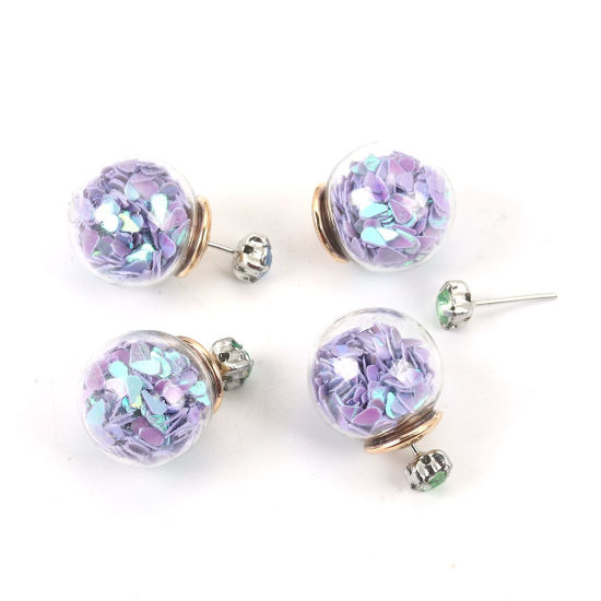 Picture of Glass Ear Nuts Post Stopper Earring Findings Ball Gold Plated Mauve AB Color Sequins 16mm, 10 PCs