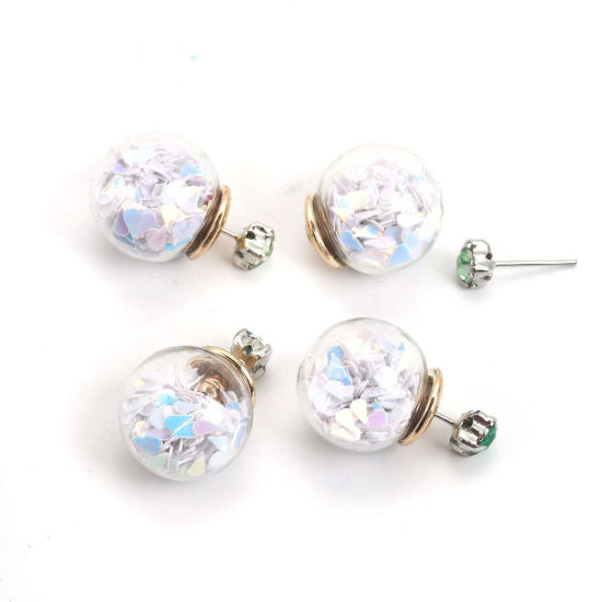 Picture of Glass Ear Nuts Post Stopper Earring Findings Ball Gold Plated Mauve AB Color Sequins 16mm, 10 PCs