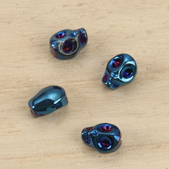 Image de Perles en Verre Tête de Mort Bleu 10mm x 8mm, Trou: 1.2mm, 1 Paquet (env. 40 Pcs/Paquet)