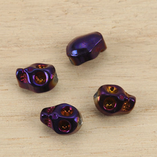 Image de Perles en Verre Tête de Mort Violet Couleur AB, 10mm x 8mm, Trou: 1.2mm, 1 Paquet (env. 40 Pcs/Paquet)