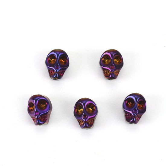 Image de Perles en Verre Tête de Mort Violet Couleur AB, 10mm x 8mm, Trou: 1.2mm, 1 Paquet (env. 40 Pcs/Paquet)