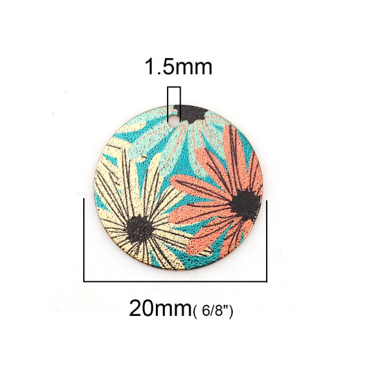 Image de Breloques Peinture en Émail en Alliage de Zinc Rond Doré Multicolore Fleurs Amas Stellaire  20mm Dia, 10 Pcs
