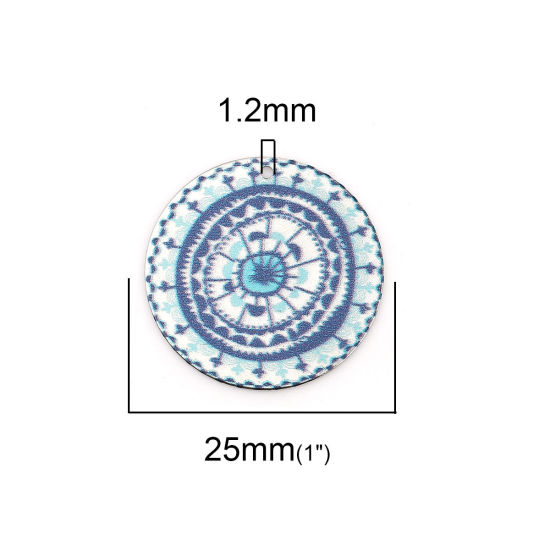 Image de Breloques Peinture en Émail en Alliage de Zinc Rond Argent Mat Bleu Fleurs Amas Stellaire  25mm Dia, 10 Pcs