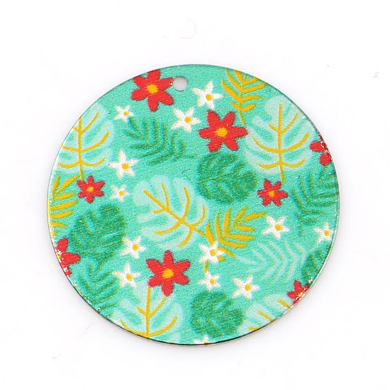 Picture of Zinc Based Alloy Enamel Painting Charms Silver Tone Multicolor Round Flower Leaves 25mm Dia., 10 PCs