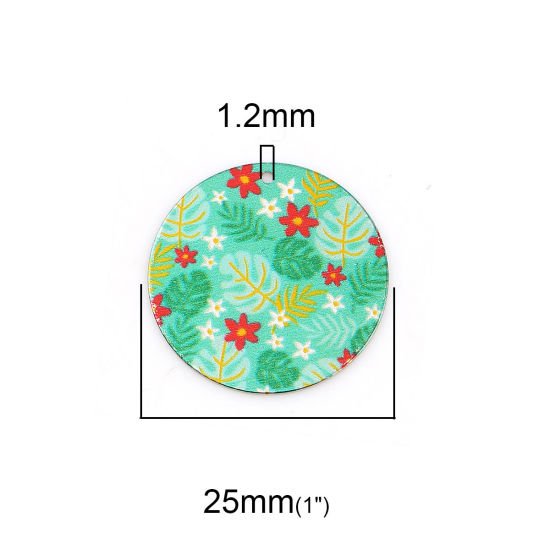 Image de Breloques Peinture en Émail en Alliage de Zinc Rond Argent Mat Multicolore Feuilles de Fleur 25mm Dia, 10 Pcs