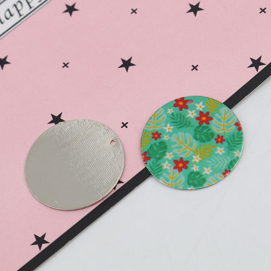 Image de Breloques Peinture en Émail en Alliage de Zinc Rond Argent Mat Multicolore Feuilles de Fleur 25mm Dia, 10 Pcs