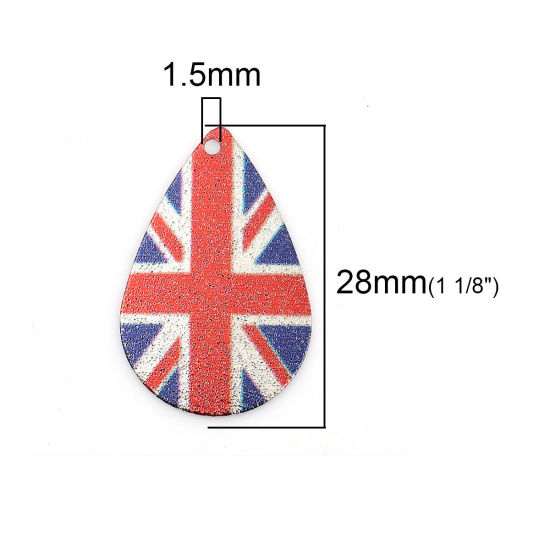 Imagen de Zamak Pintura de esmalte Colgantes Charms Gota Tono de Plata Rojo & Azul Bandera de Union Jack Polvo Estelar 28mm x 18mm, 10 Unidades