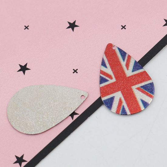 Imagen de Zamak Pintura de esmalte Colgantes Charms Gota Tono de Plata Rojo & Azul Bandera de Union Jack Polvo Estelar 28mm x 18mm, 10 Unidades