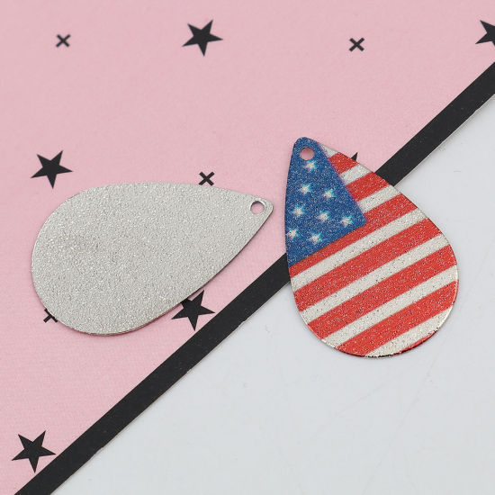 Imagen de Zamak Pintura de esmalte Colgantes Charms Gota Tono de Plata Rojo & Azul Bandera de los Estados Unidos Polvo Estelar 28mm x 18mm, 10 Unidades