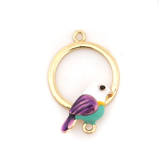 Picture of Zinc Based Alloy Connectors Circle Ring Gold Plated Purple Bird Enamel 25mm x 17mm, 5 PCs