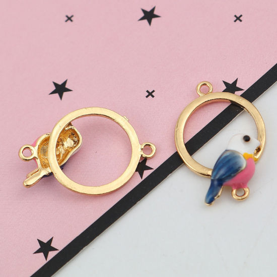 Picture of Zinc Based Alloy Connectors Circle Ring Gold Plated Purple Bird Enamel 25mm x 17mm, 5 PCs