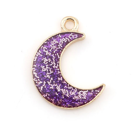 Imagen de Zamak Galaxia Colgantes Charms Luna Media Chapado en Oro Púrpura Brillo 19mm x 15mm, 20 Unidades