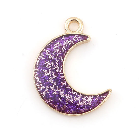 Imagen de Zamak Galaxia Colgantes Charms Luna Media Chapado en Oro Púrpura Brillo 19mm x 15mm, 20 Unidades