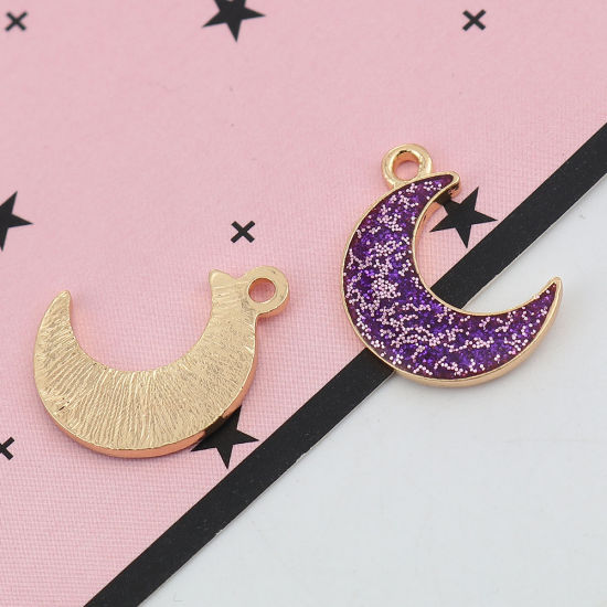 Imagen de Zamak Galaxia Colgantes Charms Luna Media Chapado en Oro Púrpura Brillo 19mm x 15mm, 20 Unidades